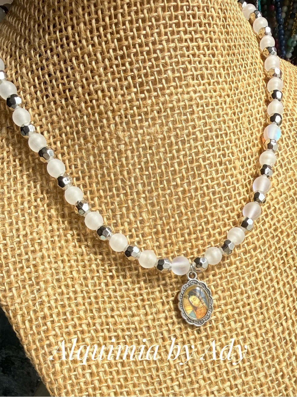 Heirloom Edit White color glass Beaded Necklace with Virgen de Guadalupe medal